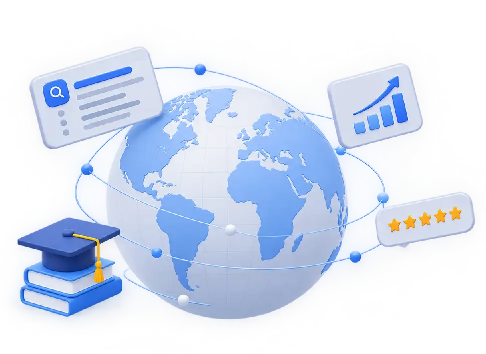 Global learning and SEO course analytics illustration for CoursesMag