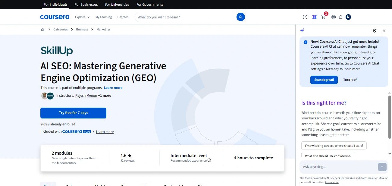 AI SEO Mastering Generative Engine Optimization (GEO)Coursera
