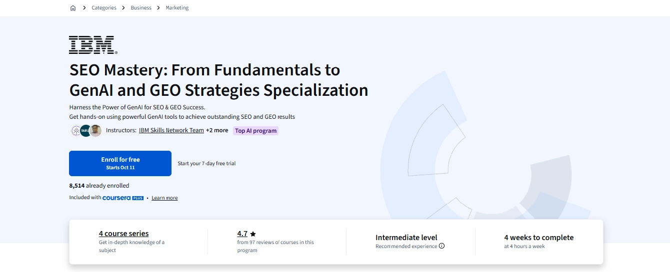 IBM SEO Mastery From Fundamentals to GenAI and GEO Strategies, best seo courses for certificate