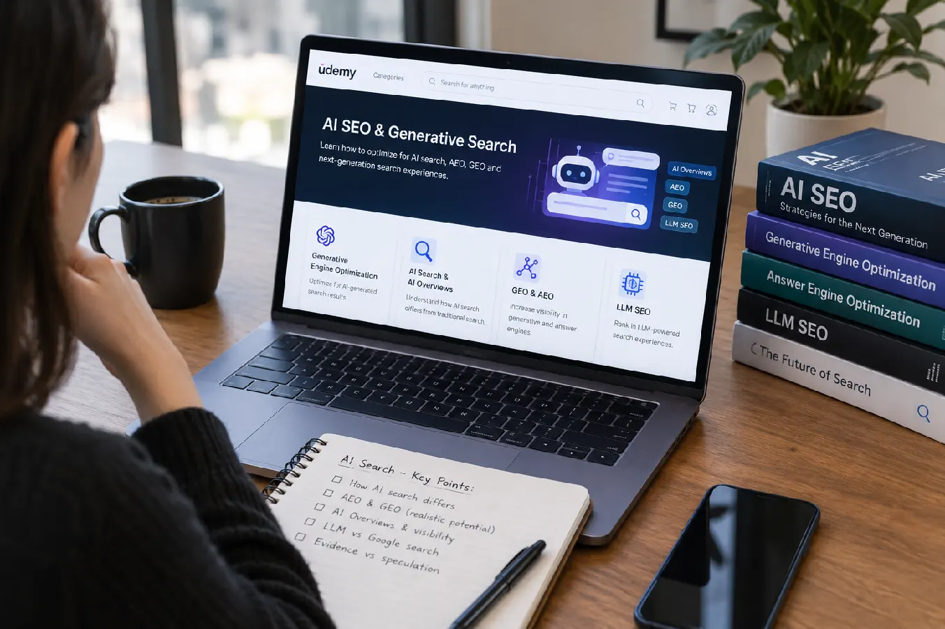 SEO, AEO, GEO in udemy vs coursera